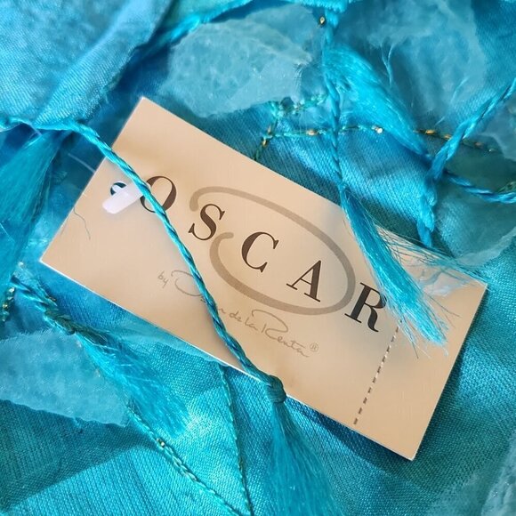 NWT OSCAR DE LA RENTA | 100% raw silk scarf wrap appliqued leafs turquoise blue - Picture 3 of 6